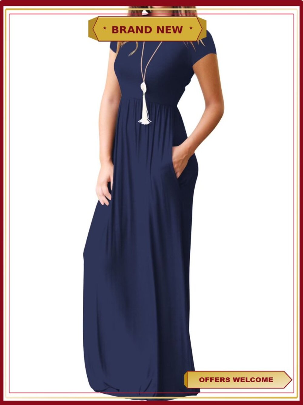 Women's Maxi Dress Short Sleeve Loose Plain Casual with Pockets Relaxed Fit